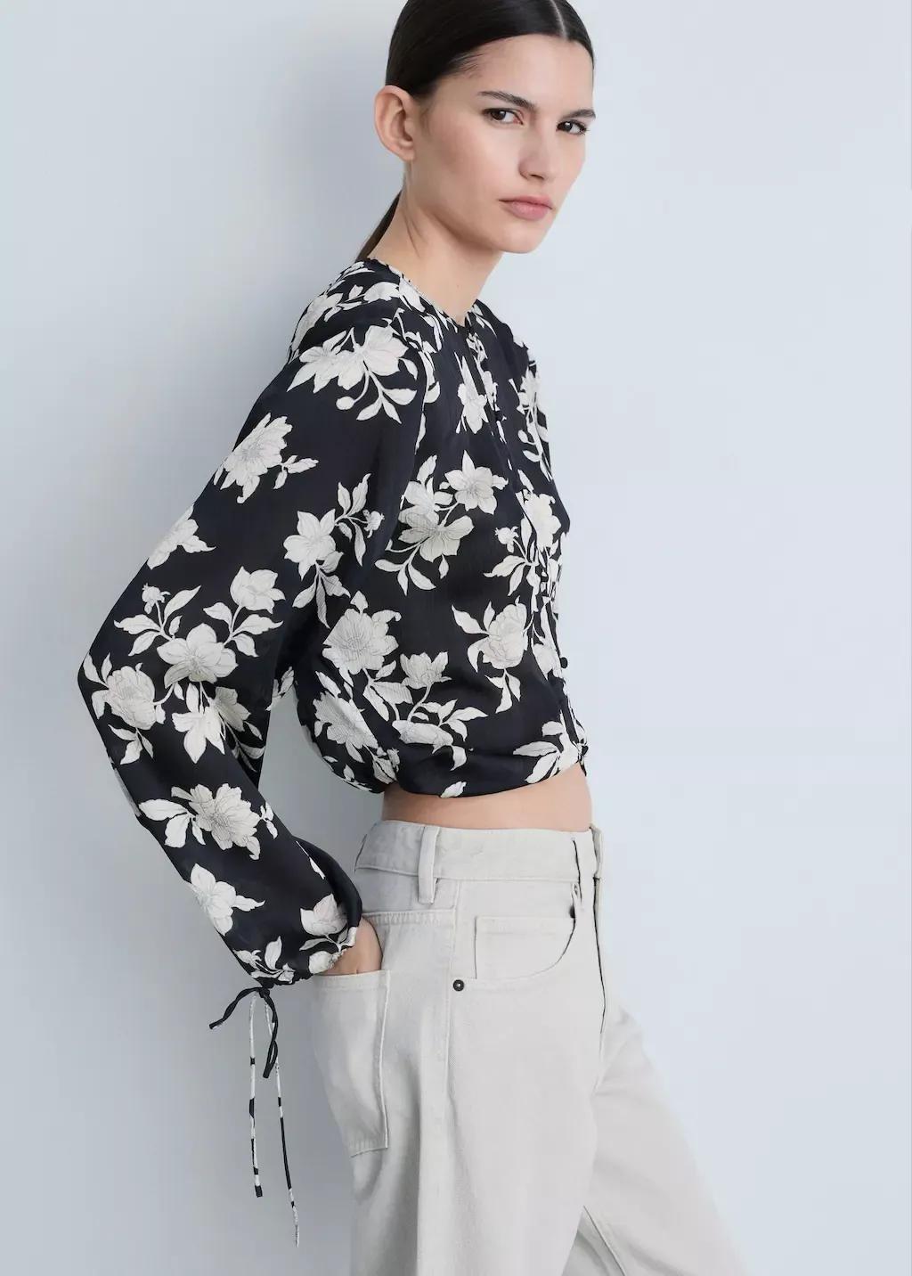 Black Floral Print Blouse, , medium