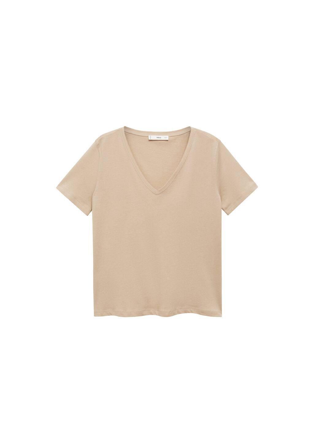 Beige Short-Sleeved V-Neck T-Shirt, , large image number 3