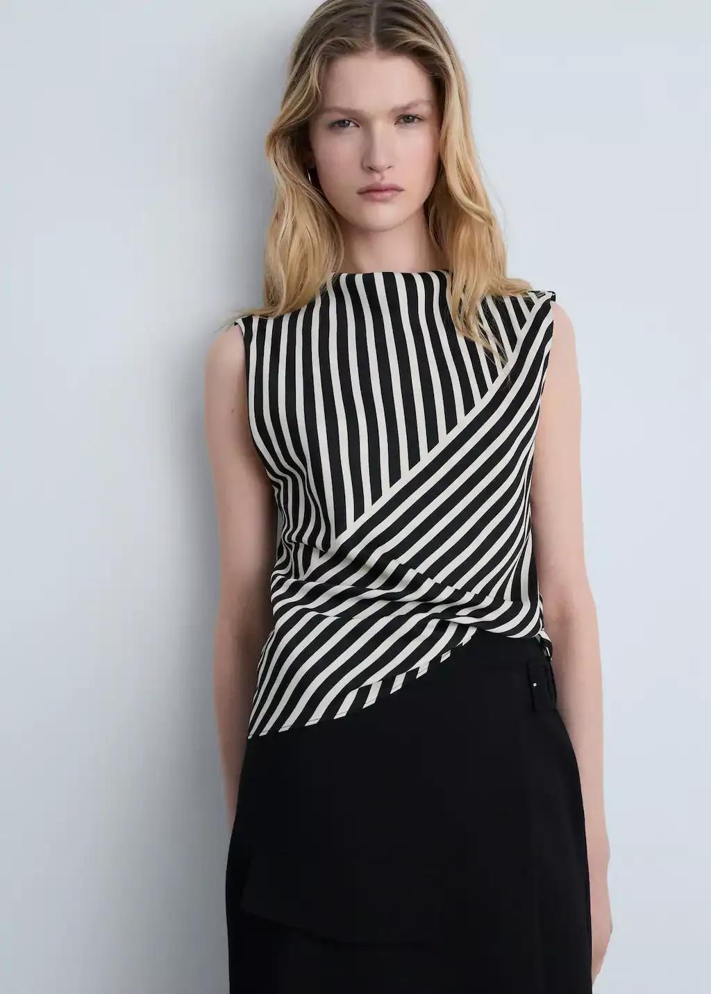 Black Striped Perkins-Neck Blouse, , medium