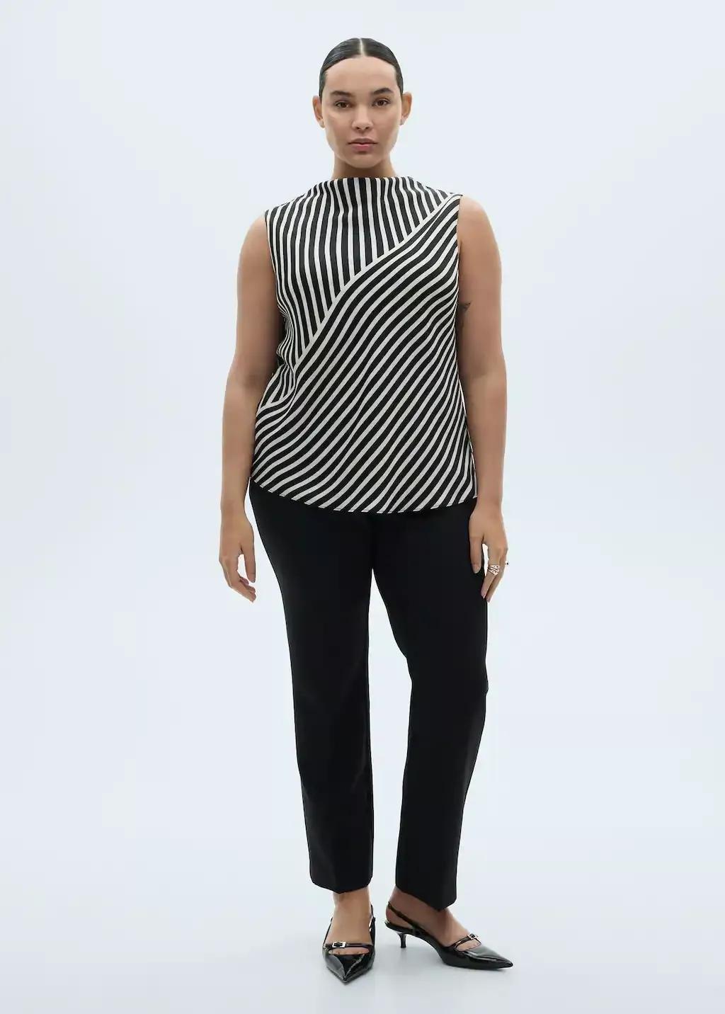 Black Striped Perkins-Neck Blouse, , large image number 2
