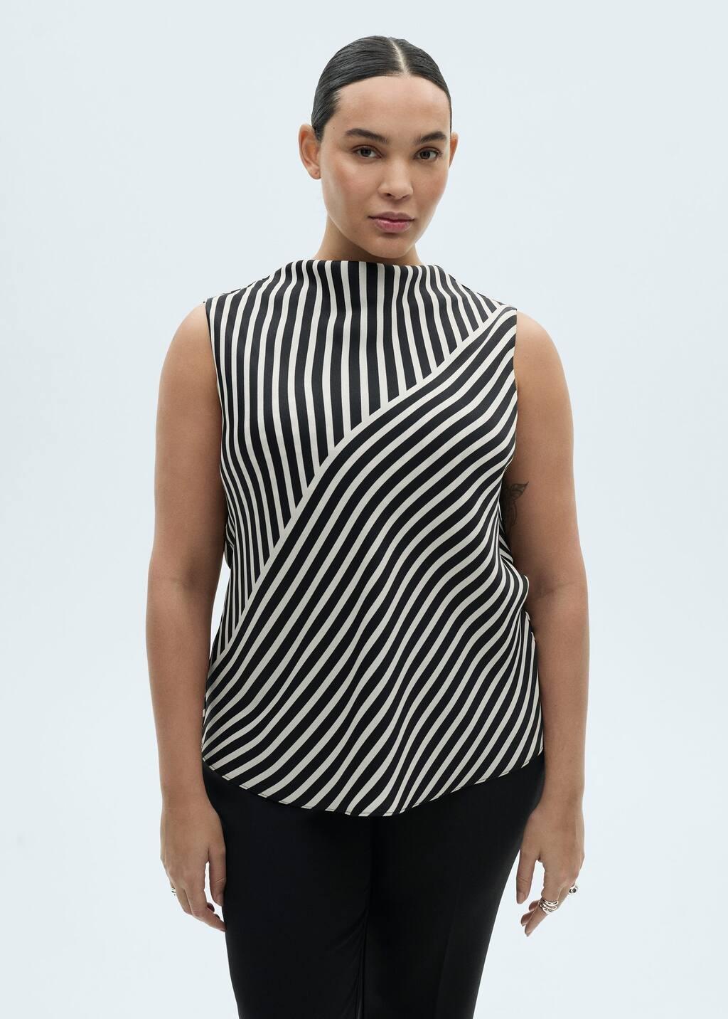 Black Striped Perkins-Neck Blouse, , large image number 5
