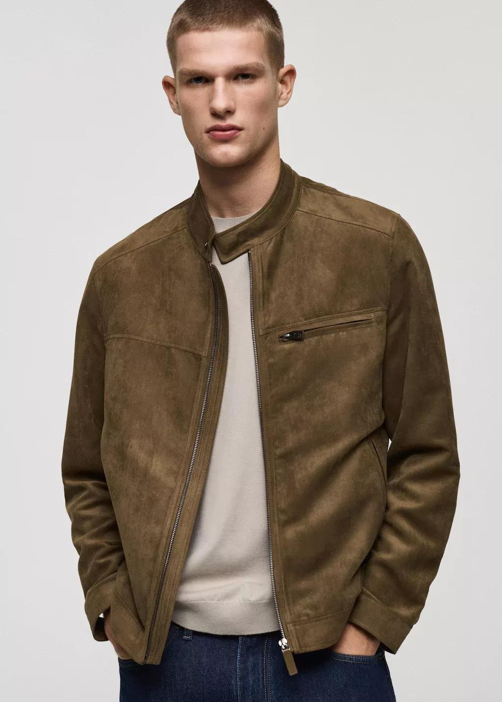 Khaki Suede-Effect Biker Jacket, , large image number 0