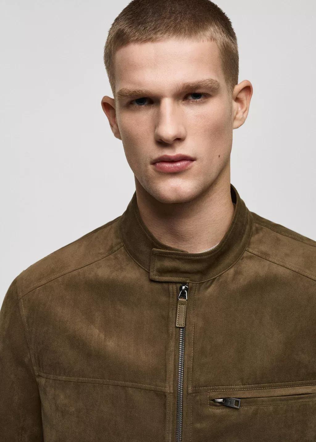 Khaki Suede-Effect Biker Jacket, , large image number 1