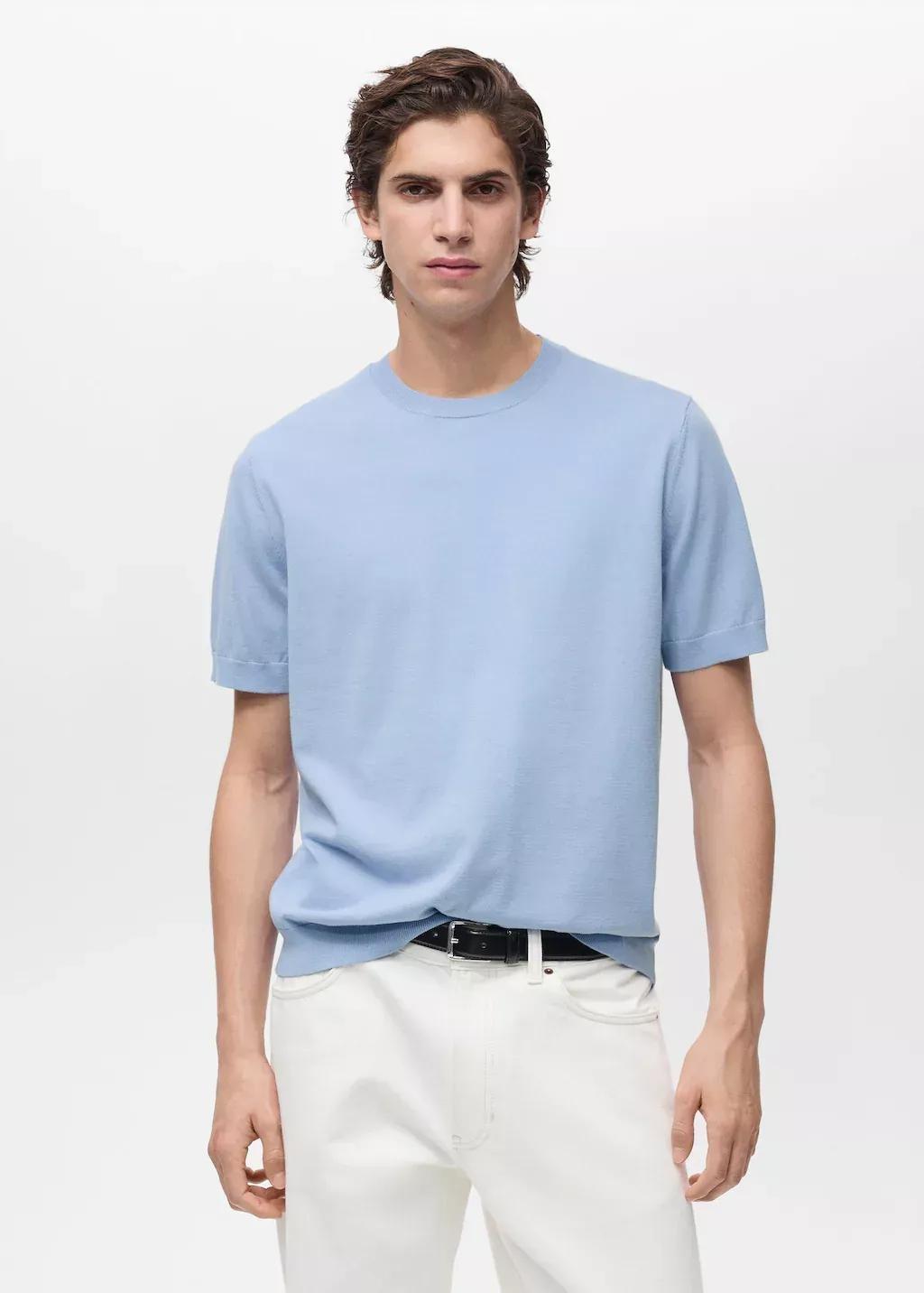 Blue Lt Pastel Cotton Fine-Knit T-Shirt, , large image number 0