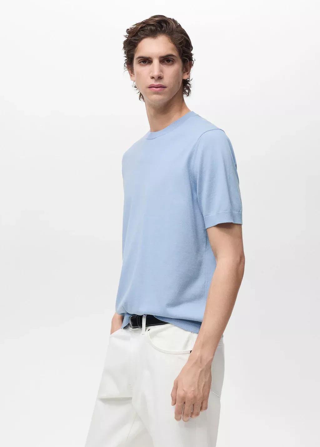Blue Lt Pastel Cotton Fine-Knit T-Shirt, , large image number 2
