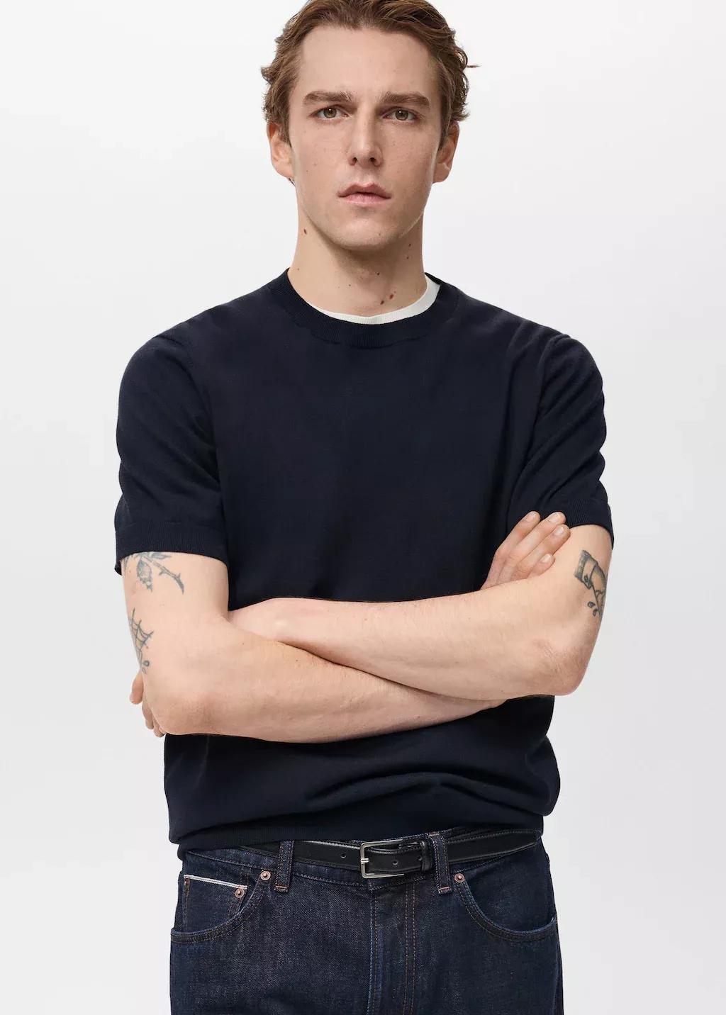 Blue Cotton Fine-Knit T-Shirt, , large image number 0