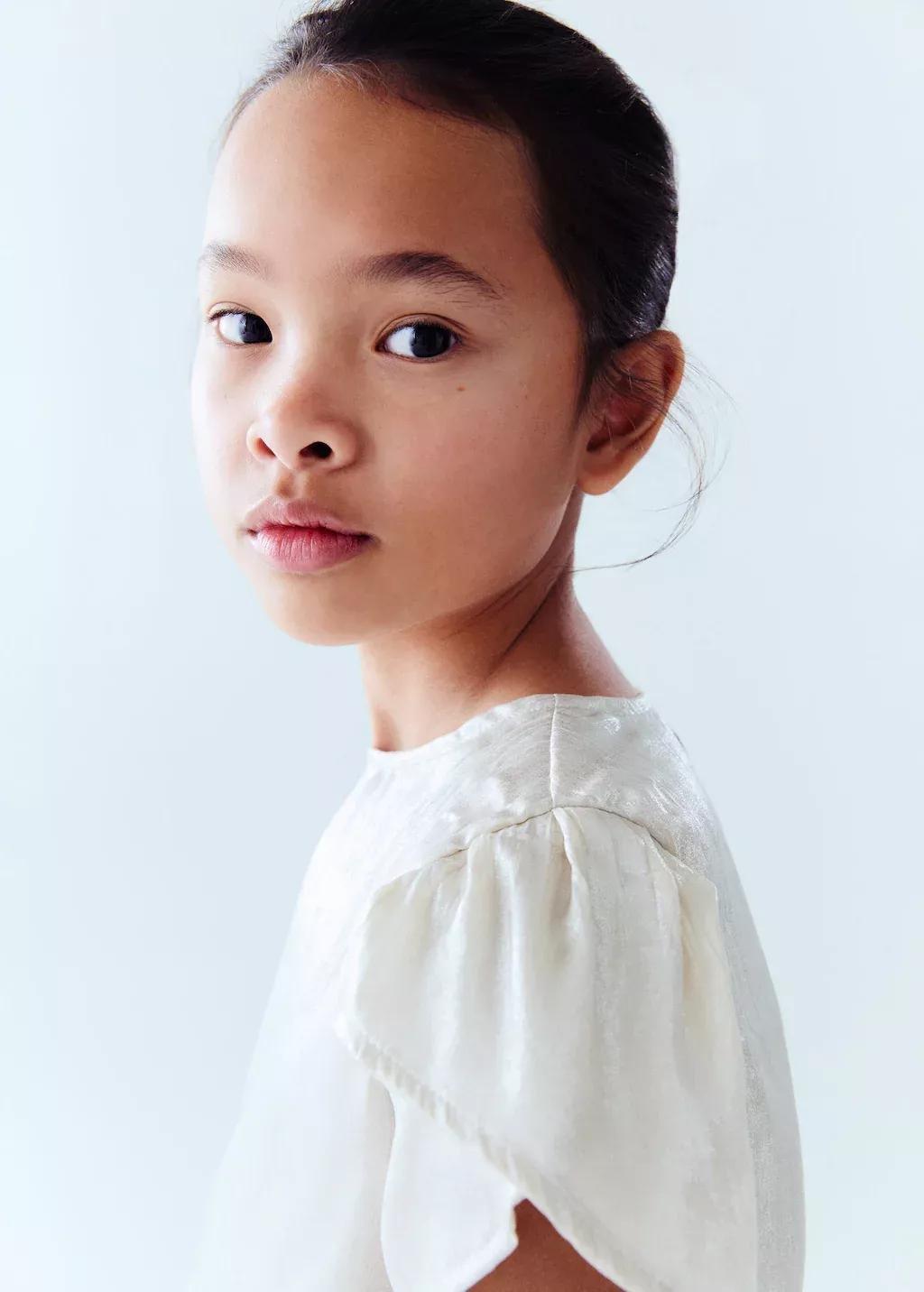 Beige Short-Sleeved Satin Blouse, Kids Girl, , large image number 4