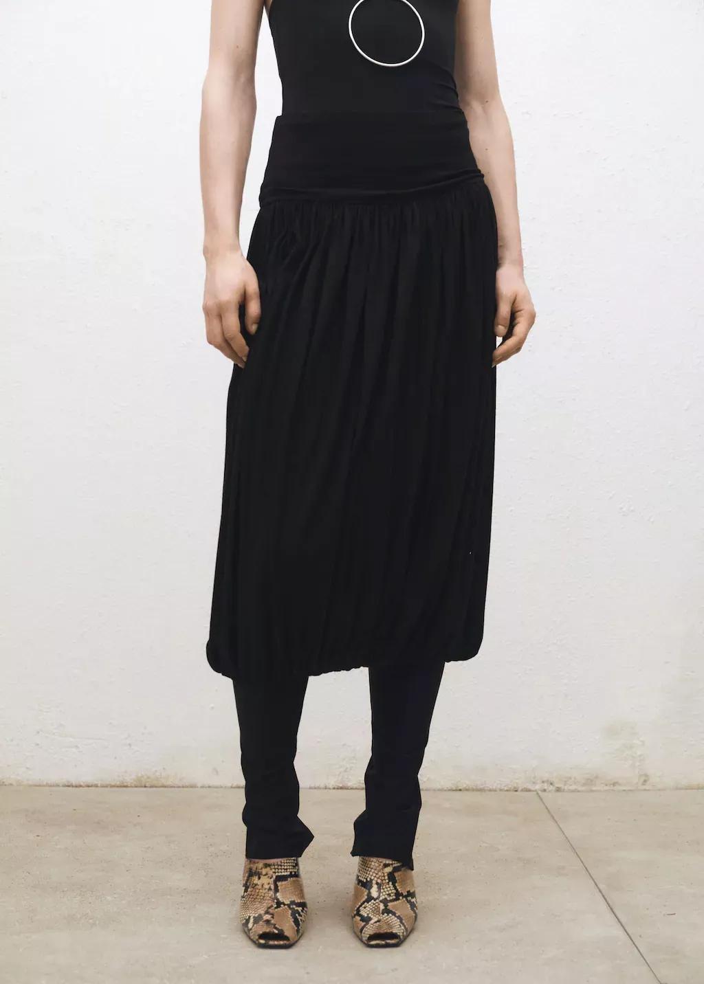 Black Balloon-Effect Midi-Skirt, , medium