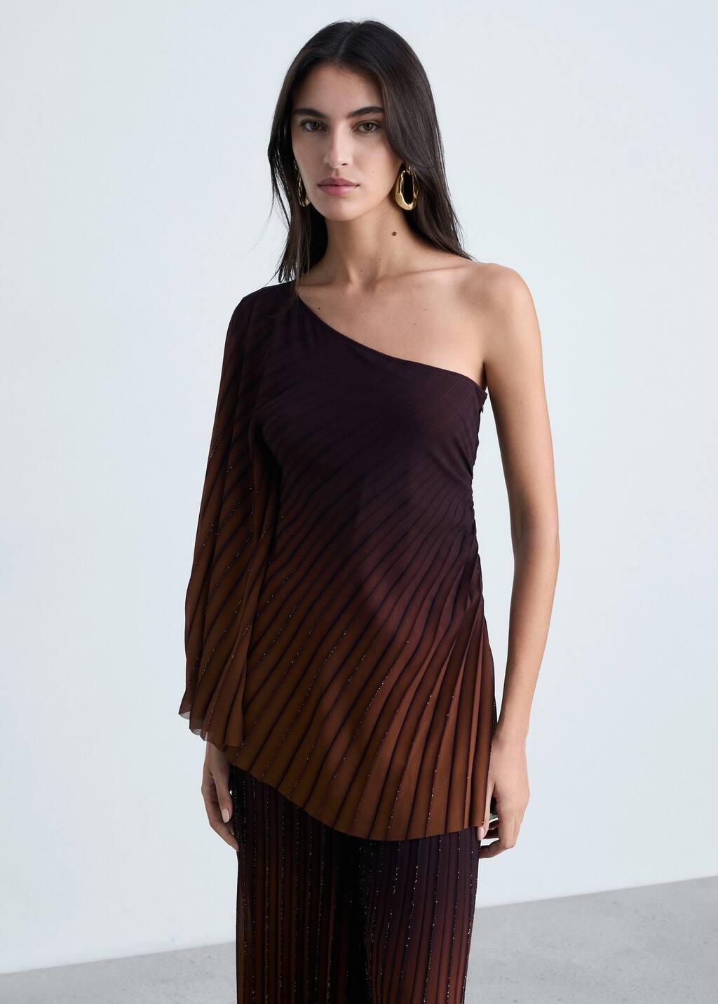Brown Asymmetrical Pleated Blouse, , large image number 0