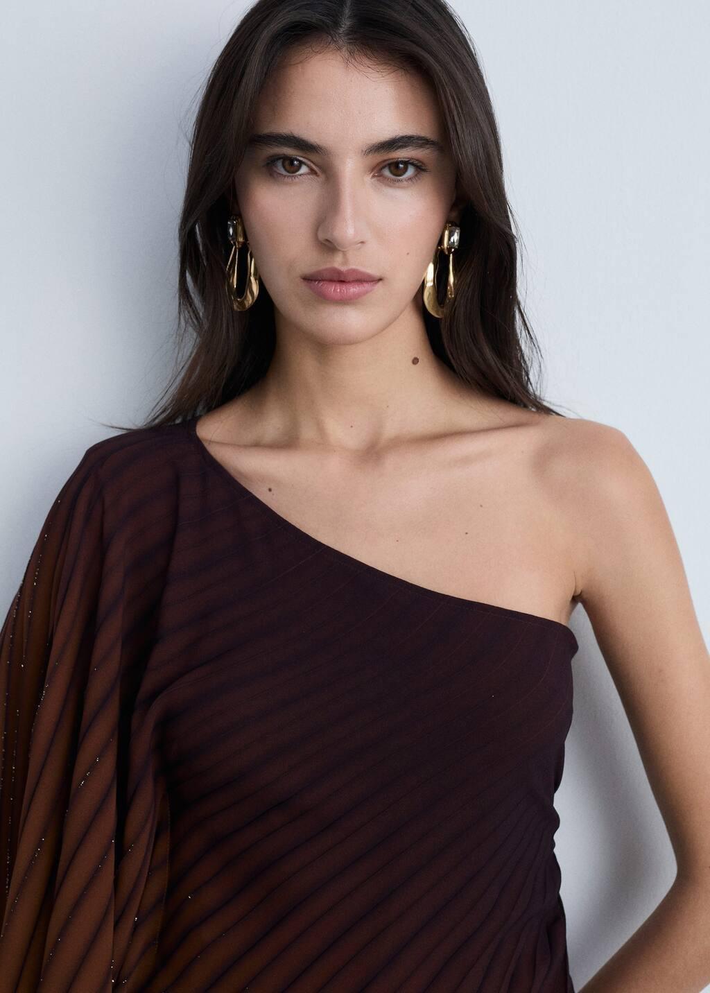 Brown Asymmetrical Pleated Blouse, , large image number 1