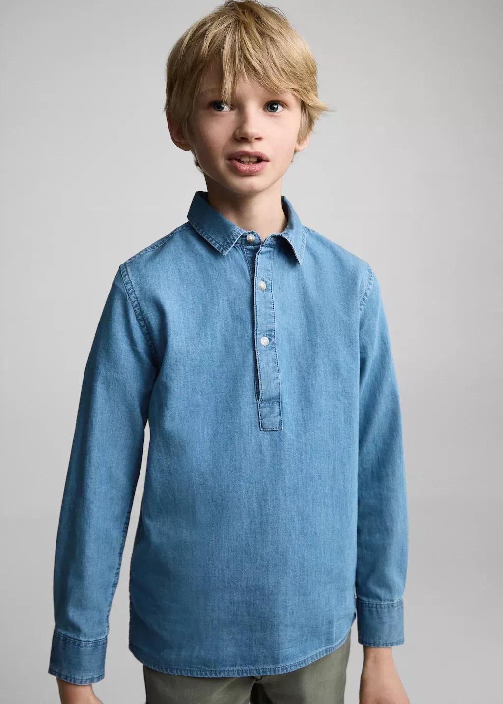 Blue Denim Shirt With Polo Collar, Kids Boy, , medium