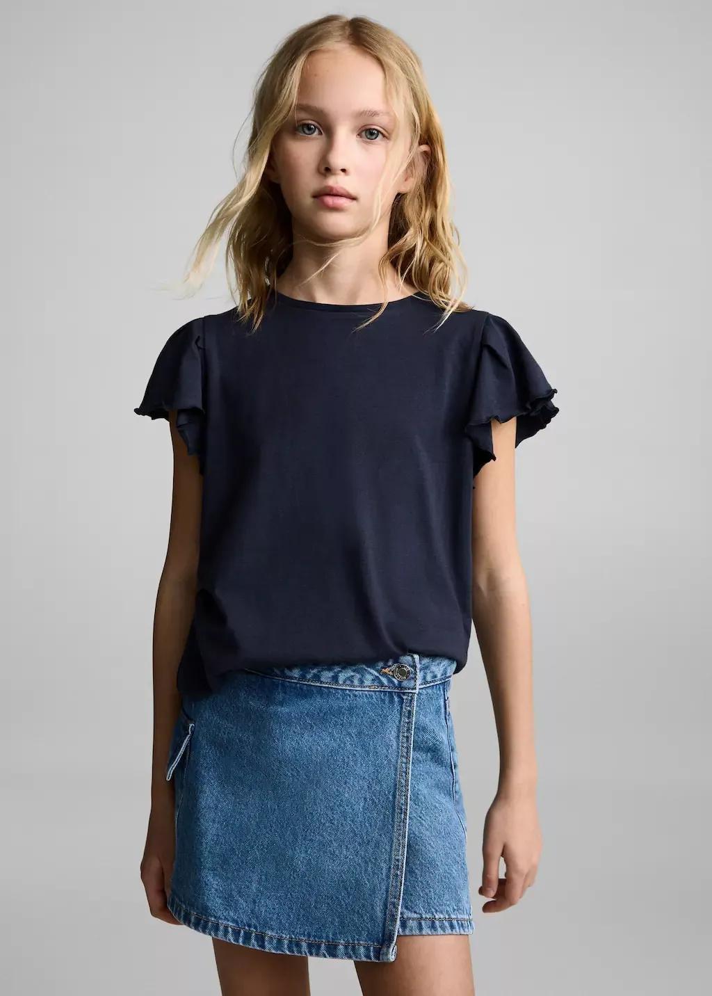 Navy Short-Sleeved Ruffle T-Shirt, Kids Girl, , large image number 1