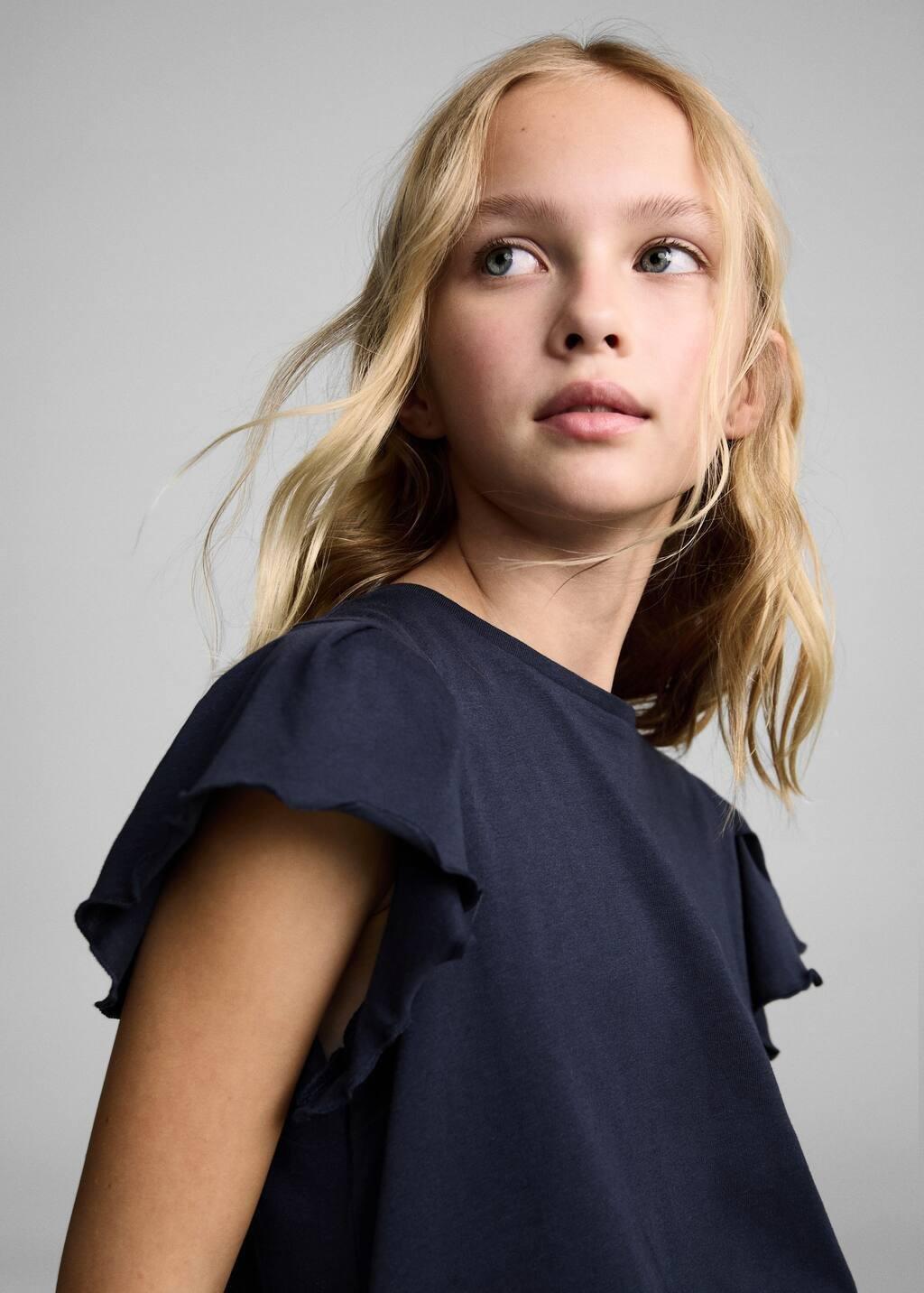 Navy Short-Sleeved Ruffle T-Shirt, Kids Girl, , large image number 3