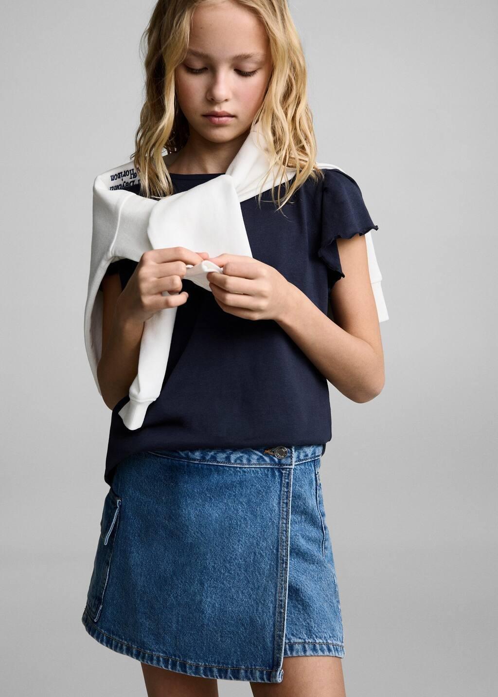 Navy Short-Sleeved Ruffle T-Shirt, Kids Girl, , large image number 4