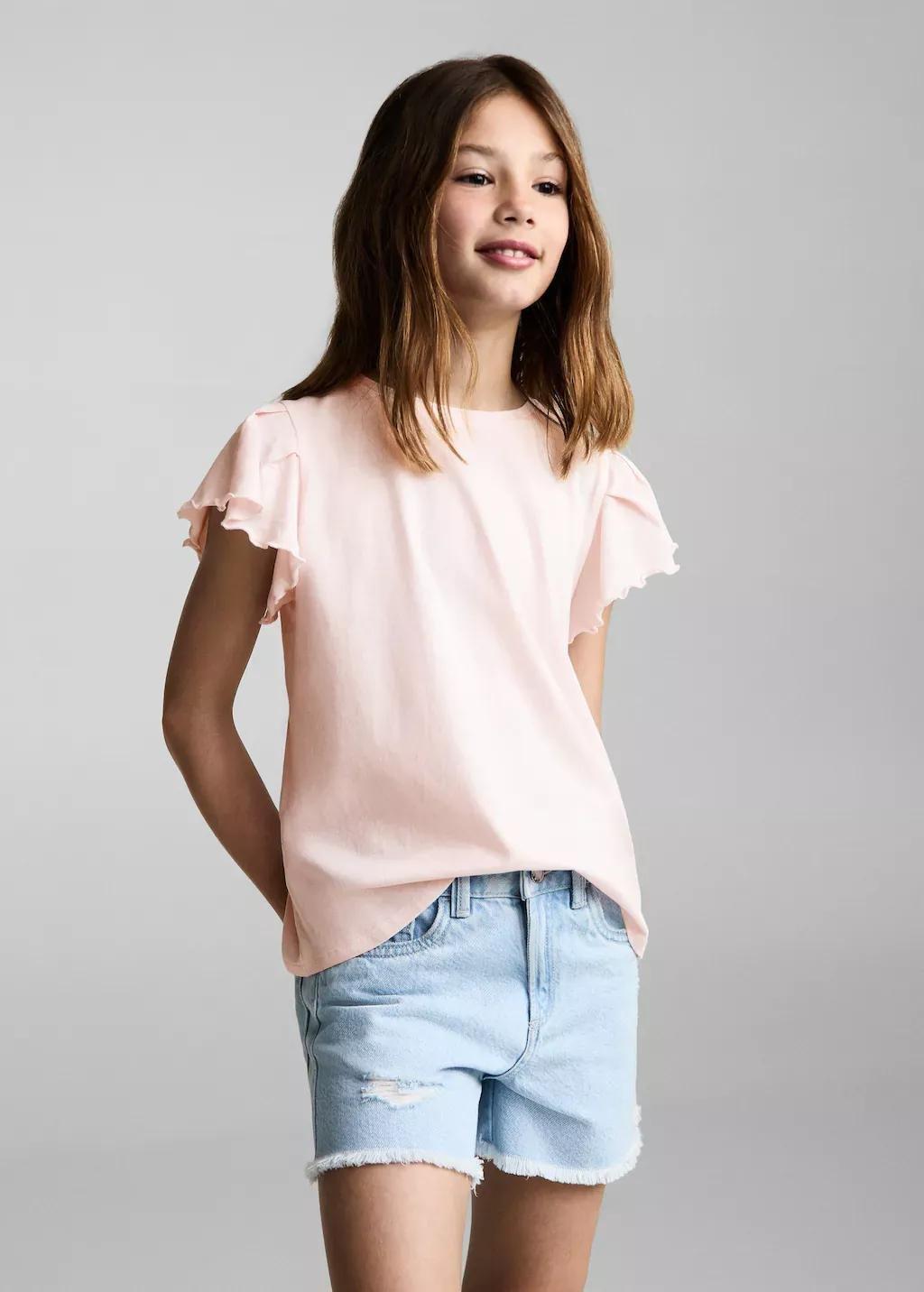 Pink Short-Sleeved Ruffle T-Shirt, Kids Girl, , large image number 1