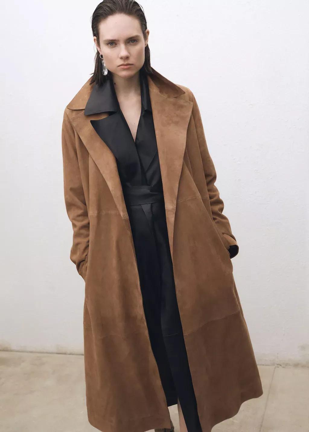 Brown Belted Suede Trench Coat, , large image number 0
