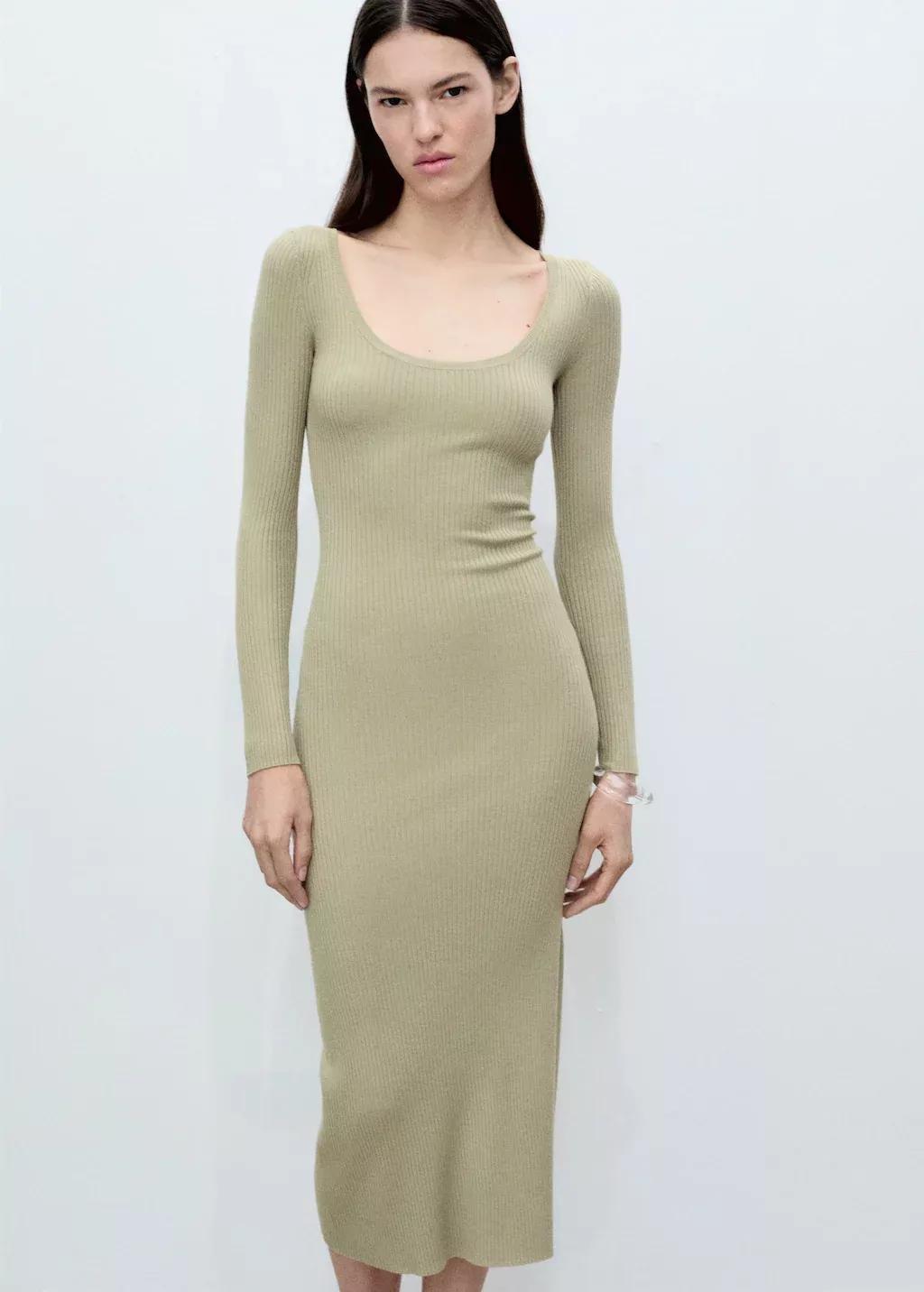 Khaki Rib-Knit Midi-Dress, , large image number 0