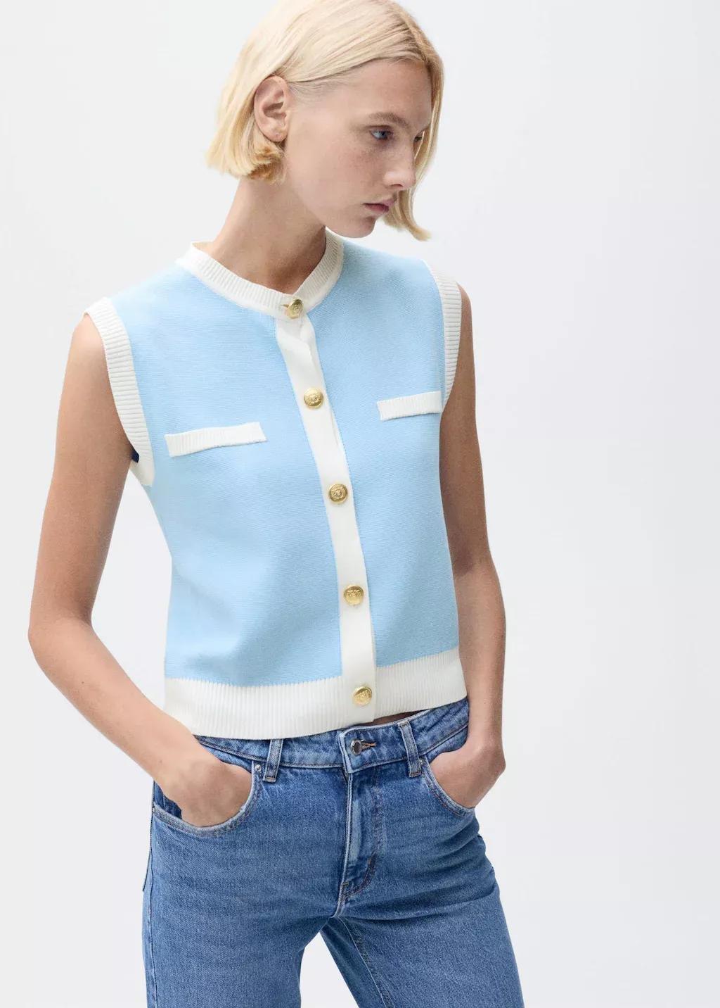 Turquoise Knitted Waistcoat With Contrast Piping, , large image number 0