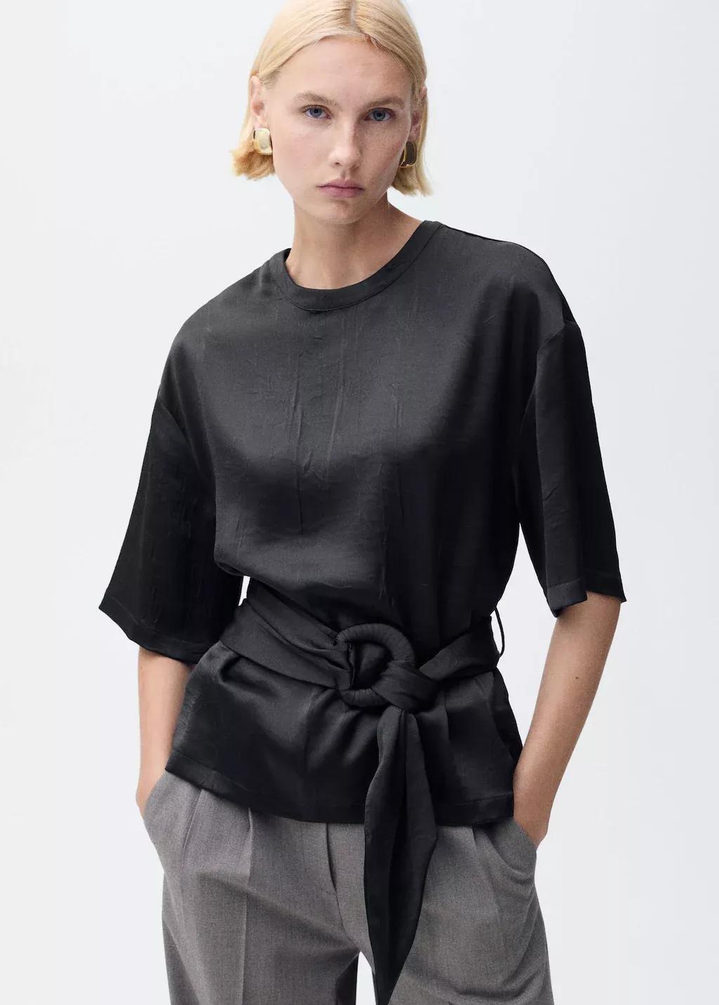 Black Satin Blouse With Belt, , large image number 0