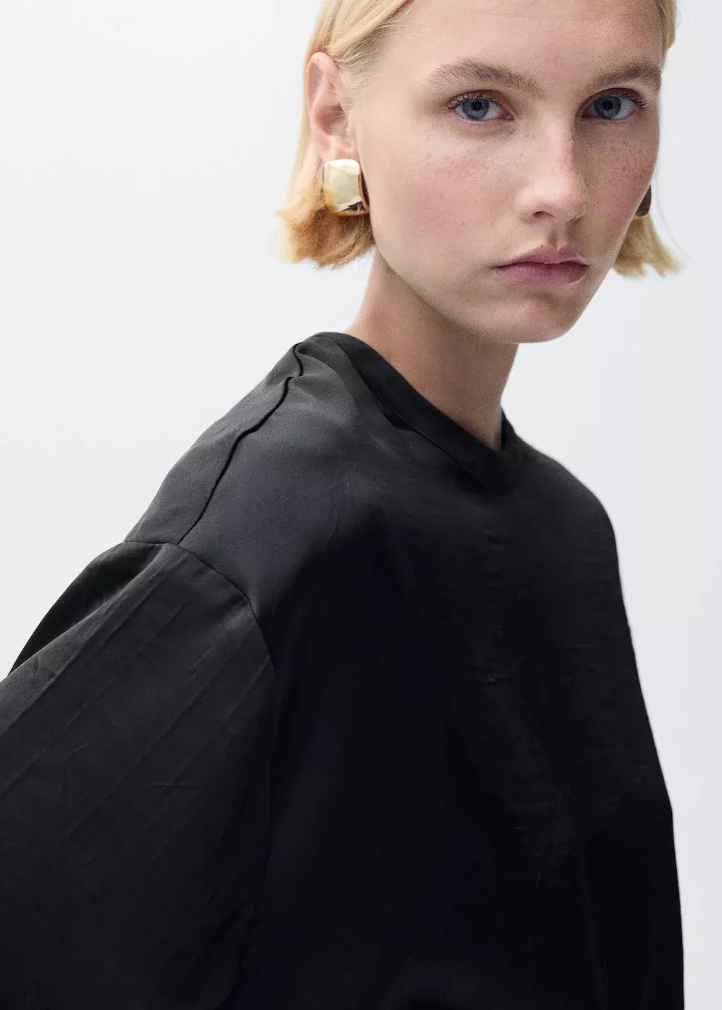 Black Satin Blouse With Belt, , large image number 1