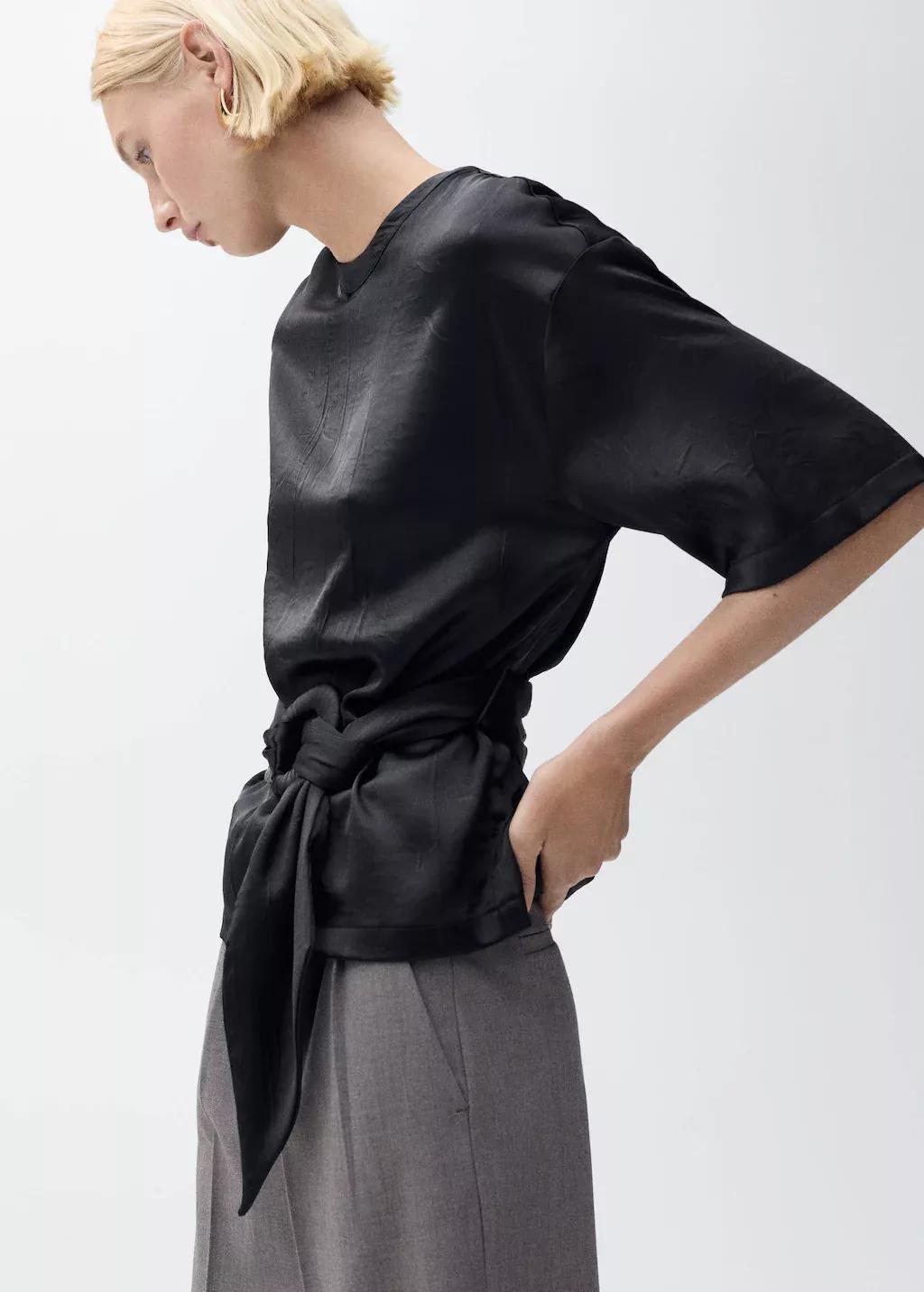 Black Satin Blouse With Belt, , large image number 2