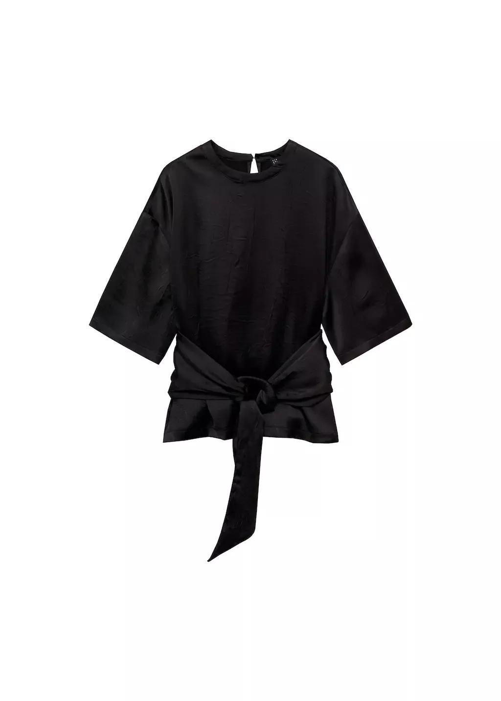 Black Satin Blouse With Belt, , large image number 3