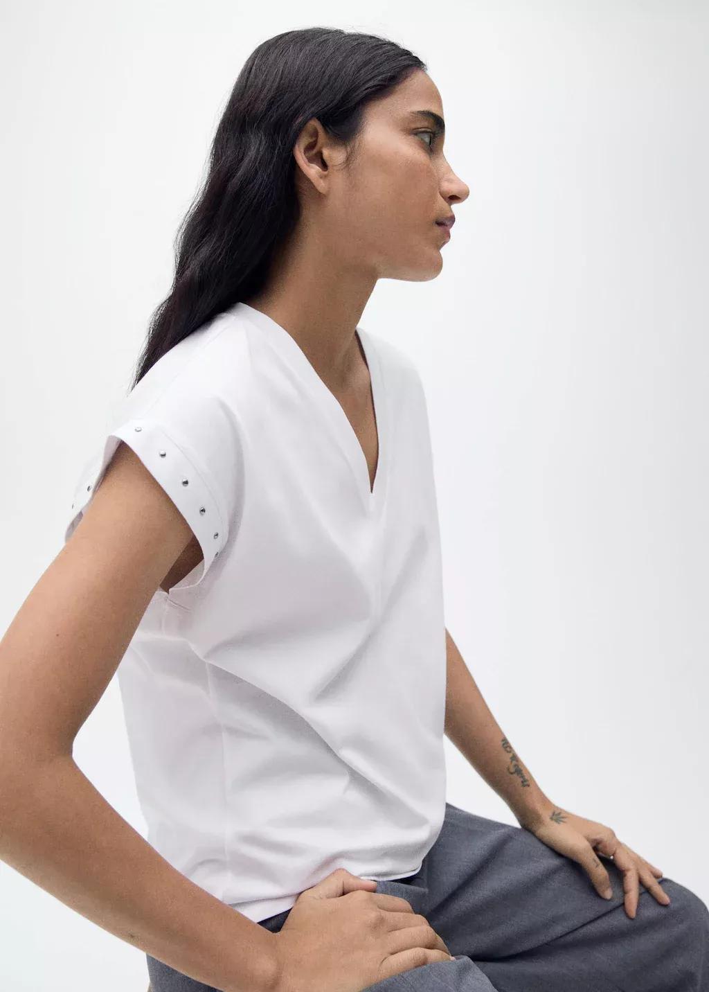 White Studded V-Neck T-Shirt, , large image number 0