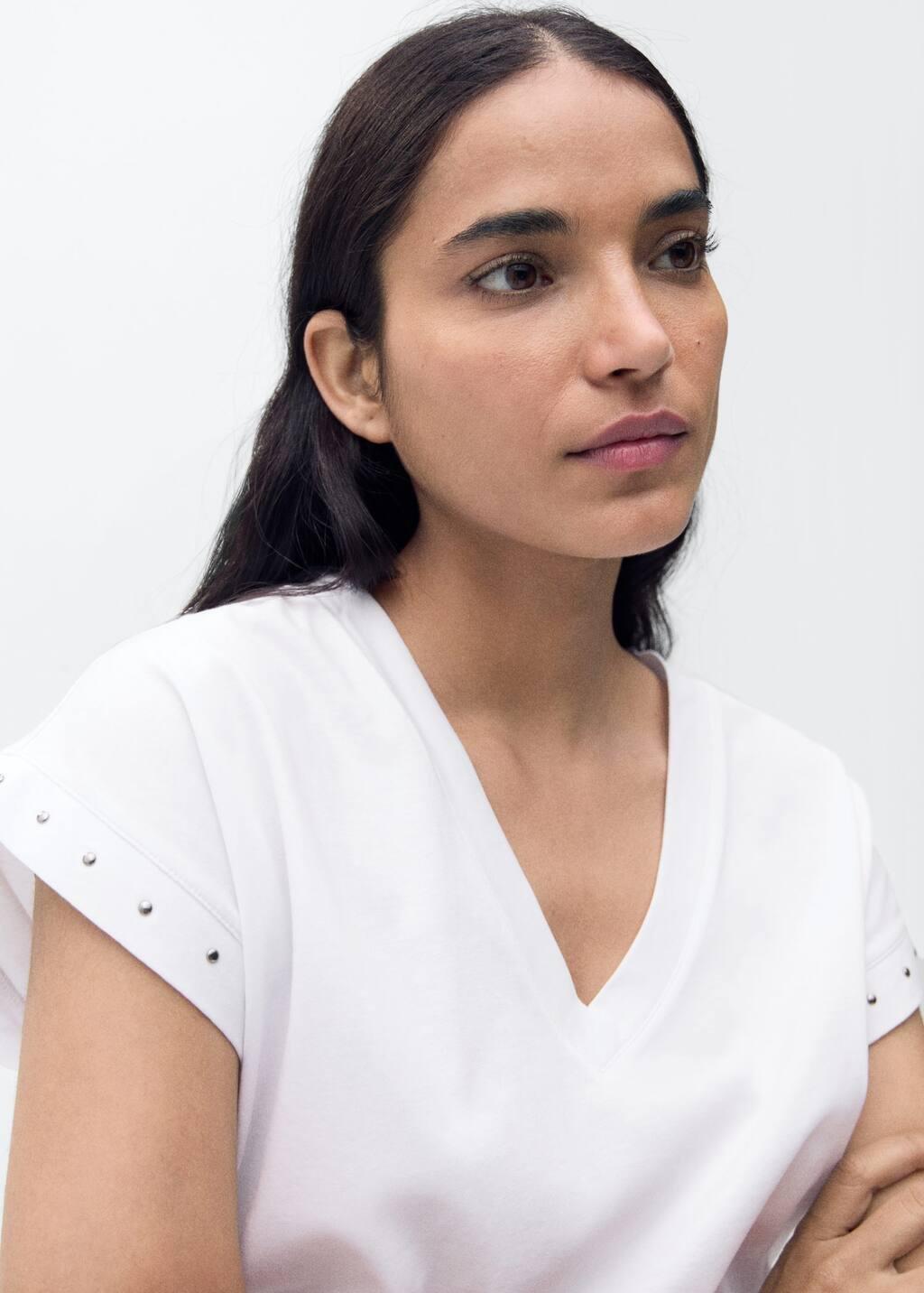 White Studded V-Neck T-Shirt, , large image number 2