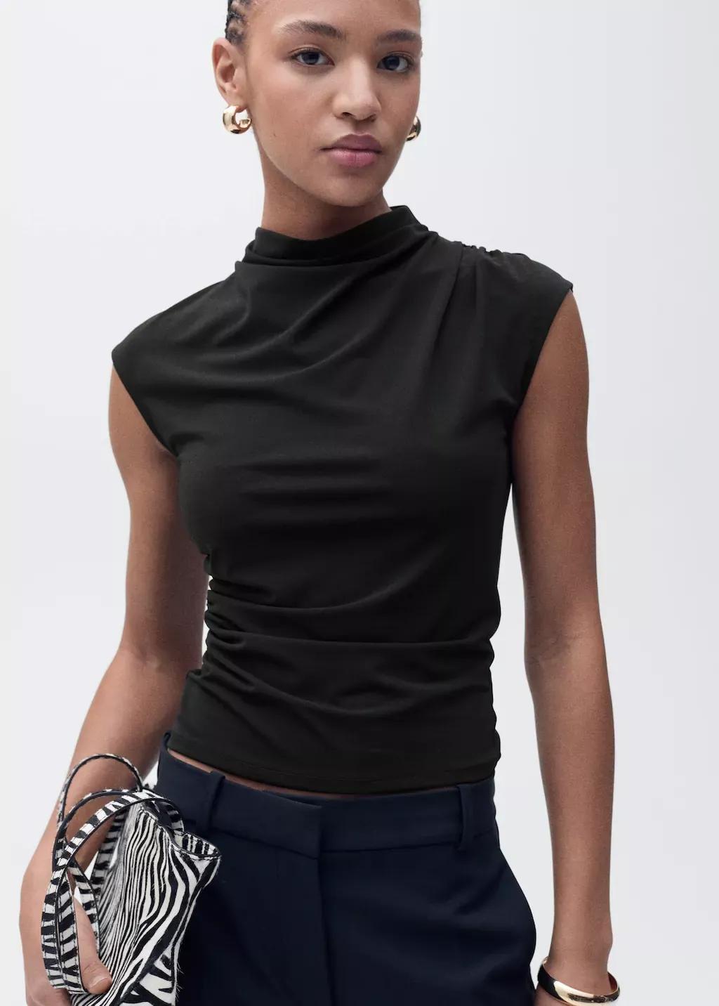 Black Fine-Knit Draped Top, , large image number 0