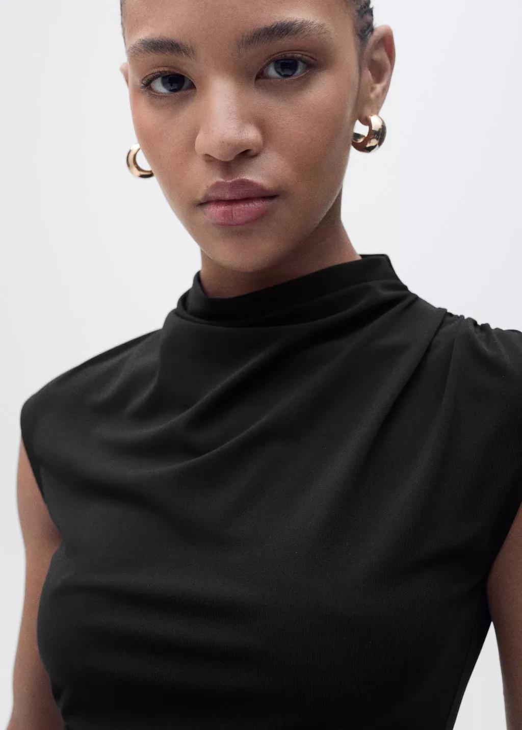 Black Fine-Knit Draped Top, , large image number 1