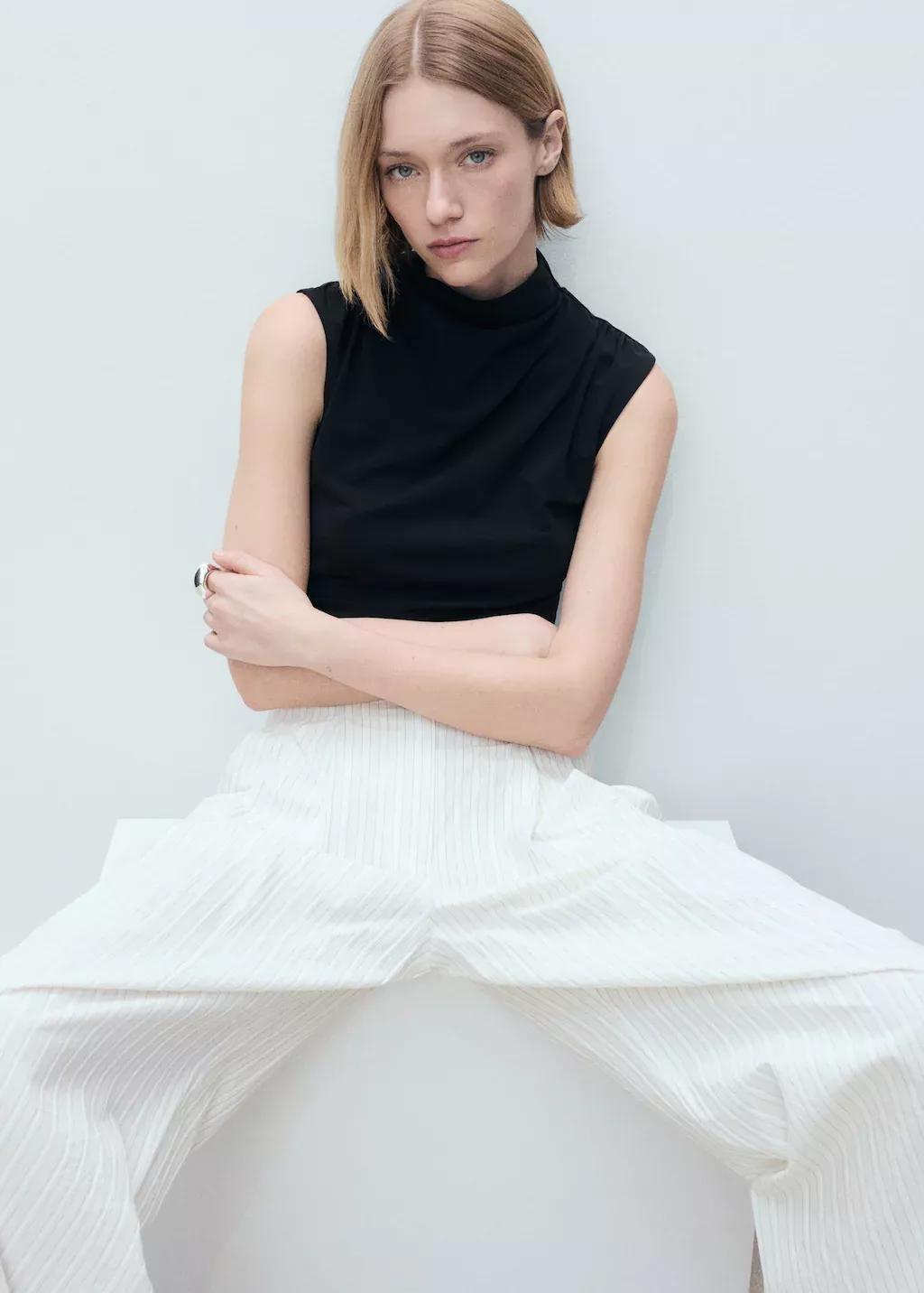 Black Fine-Knit Draped Top, , large image number 3
