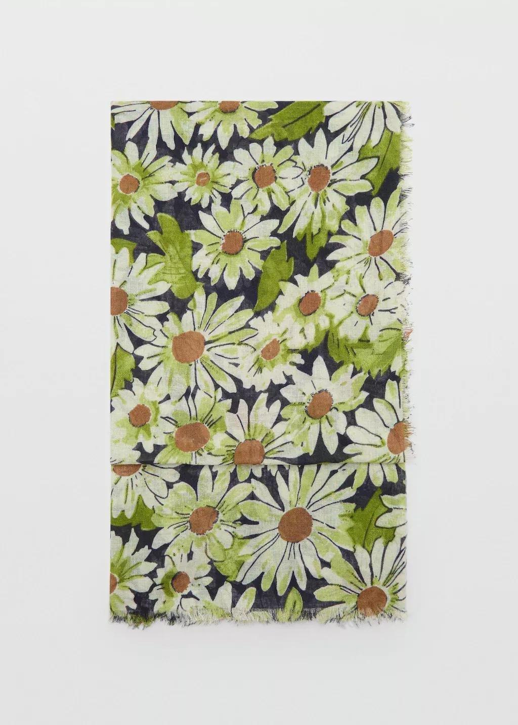 Green Floral Linen-Blend Scarf, Green, large image number 1