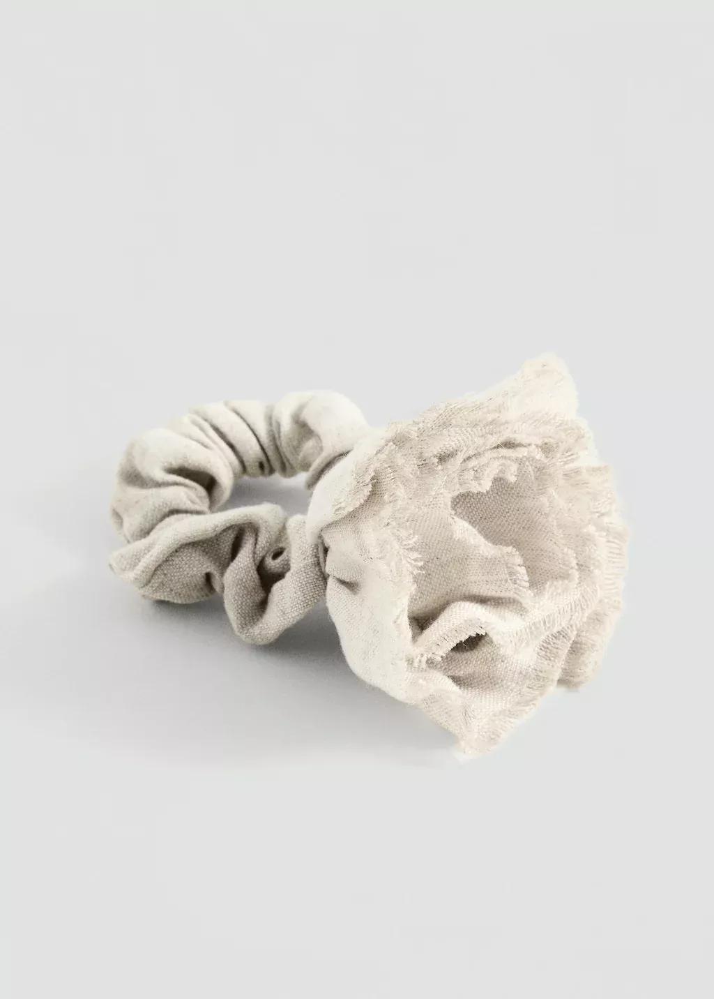 Beige Linen Flower Scrunchie, Light Beige, large image number 0