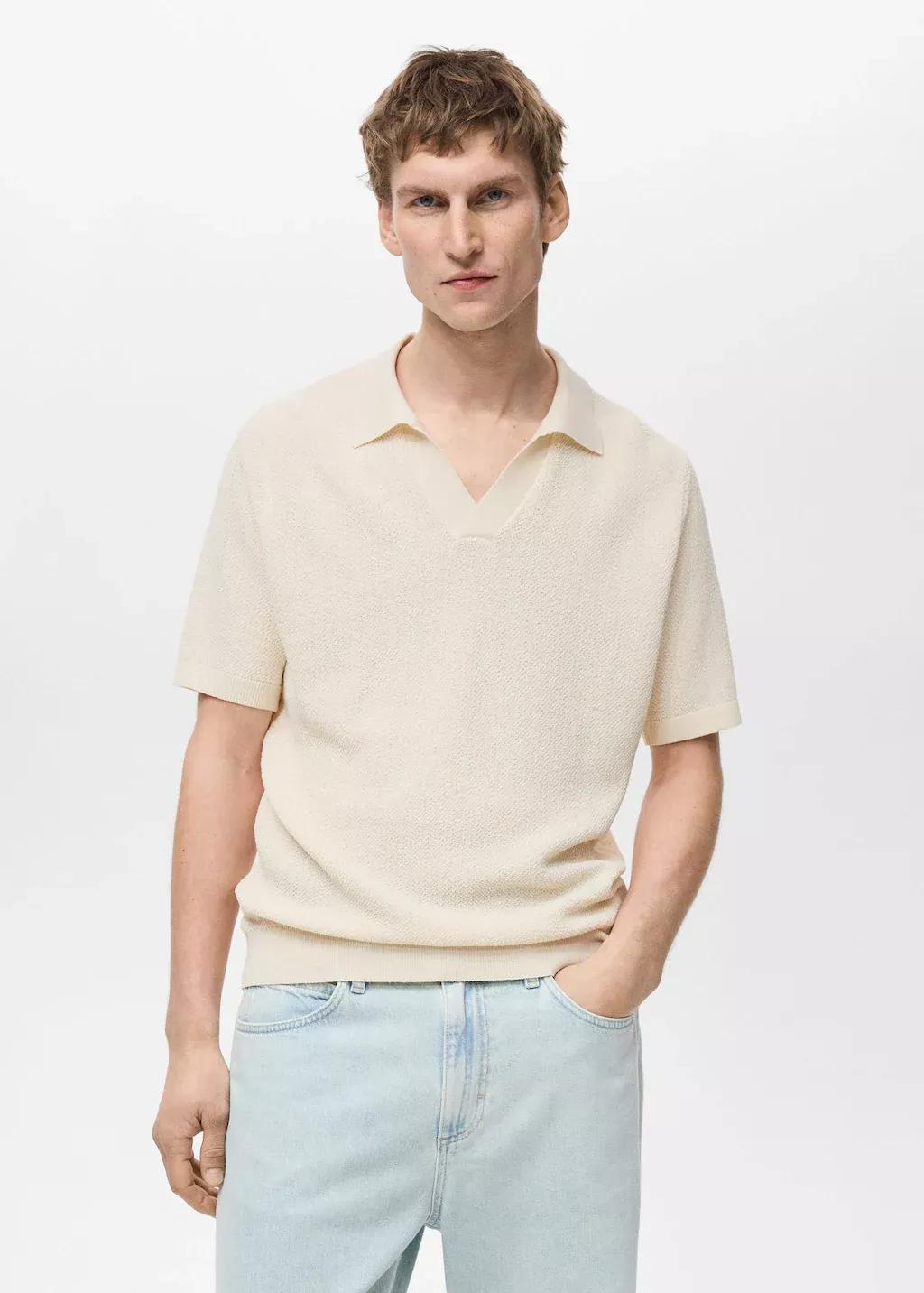 Beige Plain Knit Polo Shirt, , large image number 0