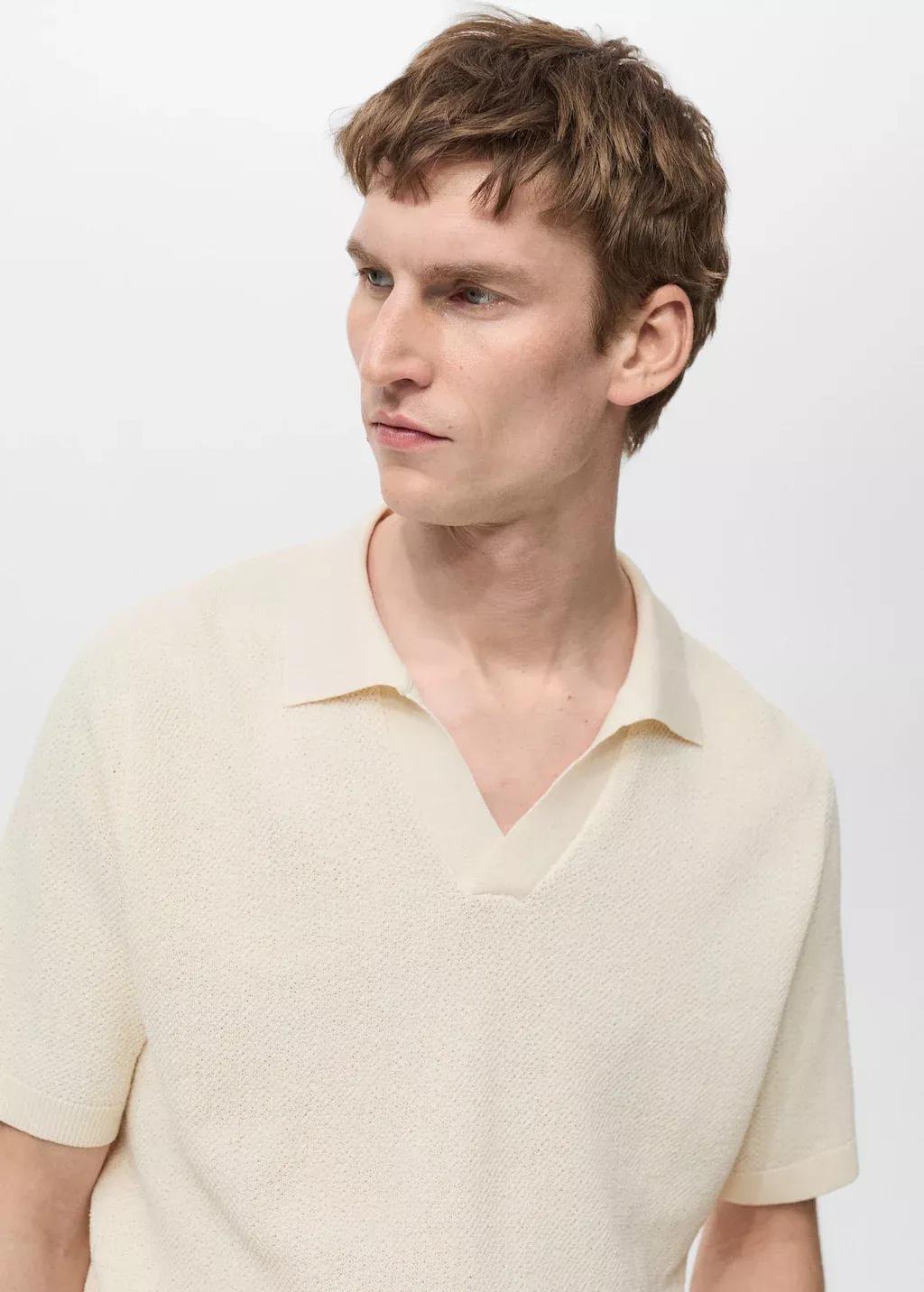 Beige Plain Knit Polo Shirt, , large image number 1