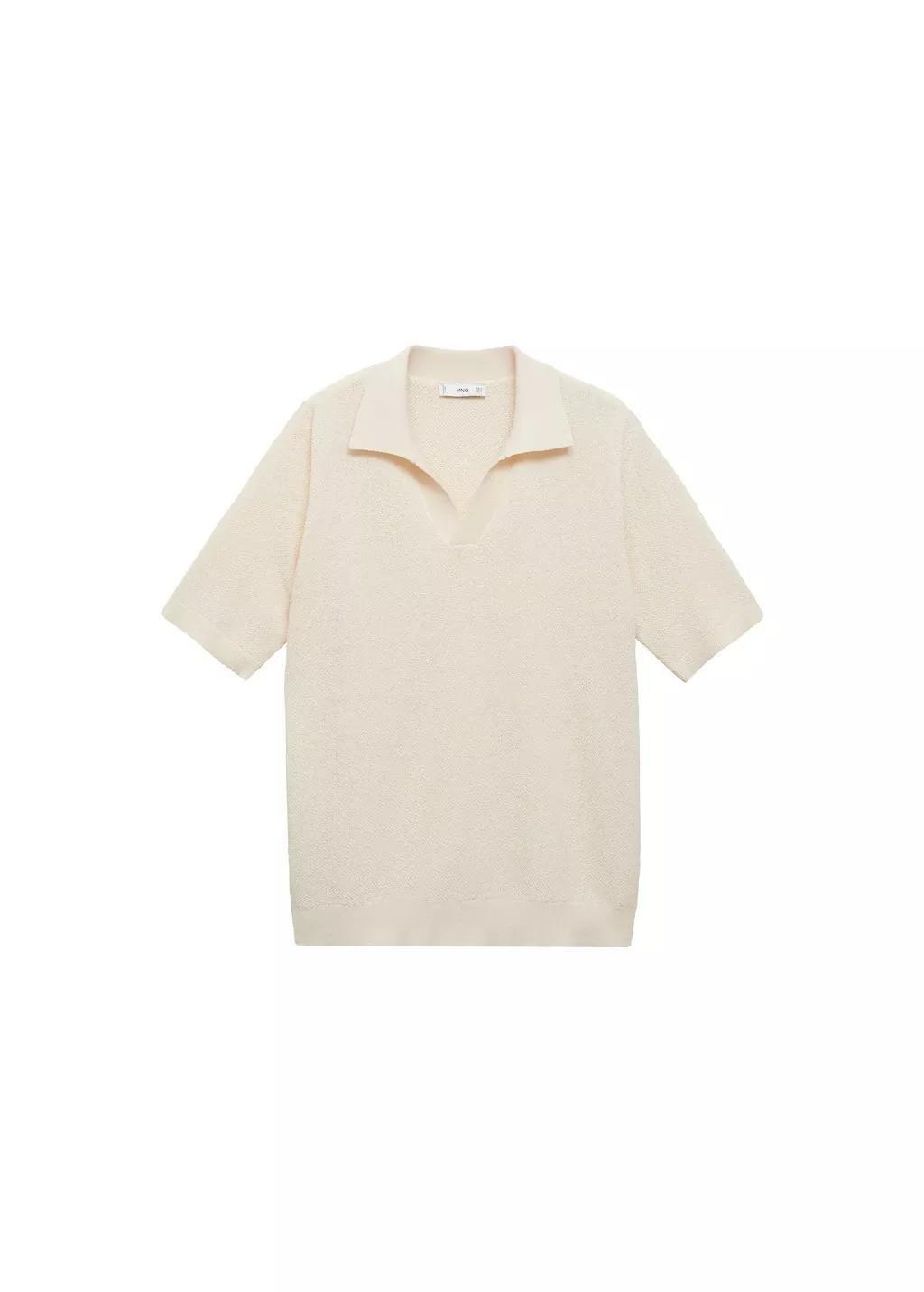 Beige Plain Knit Polo Shirt, , large image number 3