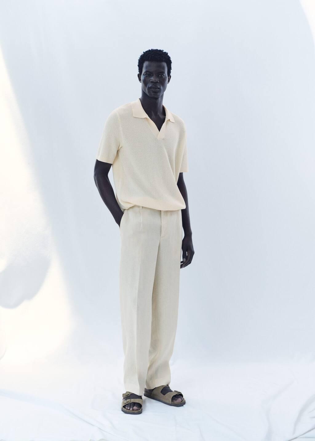 Beige Plain Knit Polo Shirt, , large image number 5