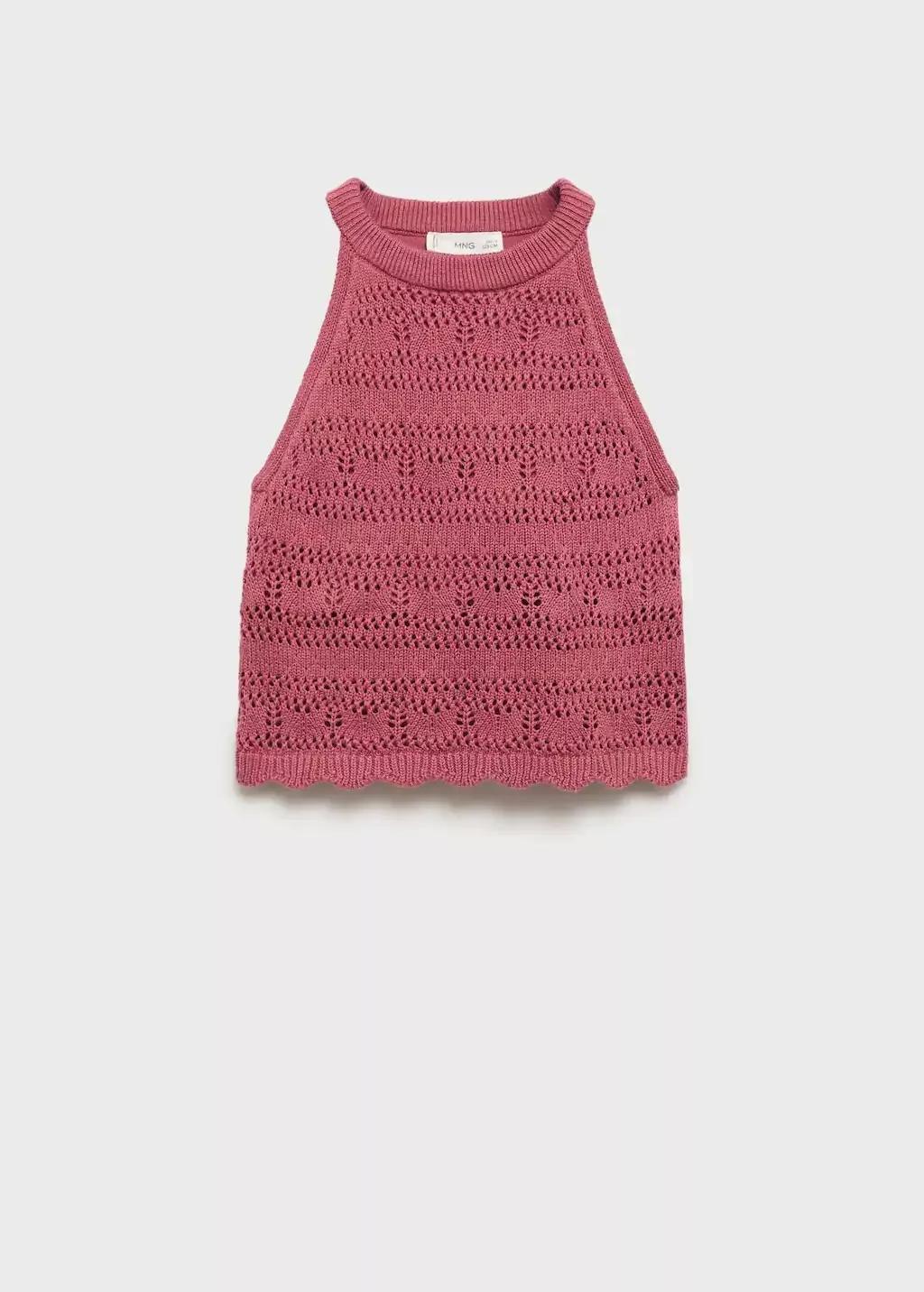 Red Openwork Knit Cotton Top, Kids Girl, , large image number 0