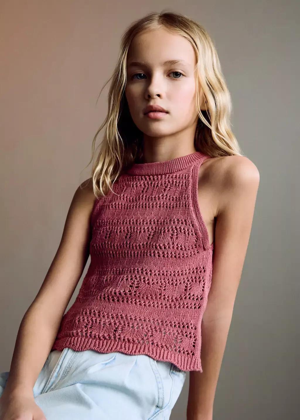 Red Openwork Knit Cotton Top, Kids Girl, , large image number 1