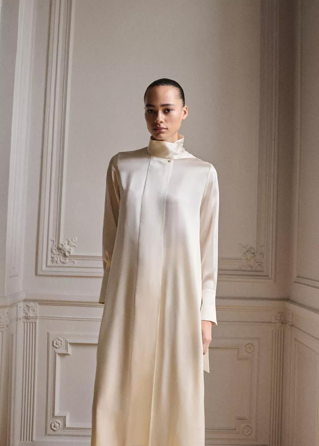 Beige Silk Dress With Cape Style And Bow Neck, , large image number 0