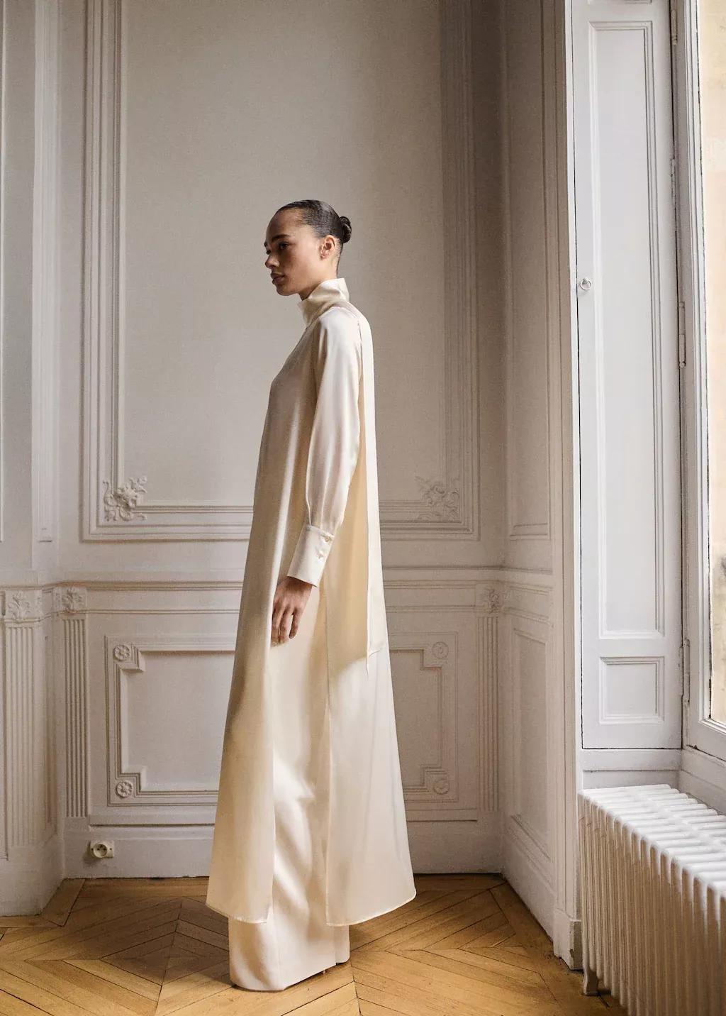 Beige Silk Dress With Cape Style And Bow Neck, , large image number 2