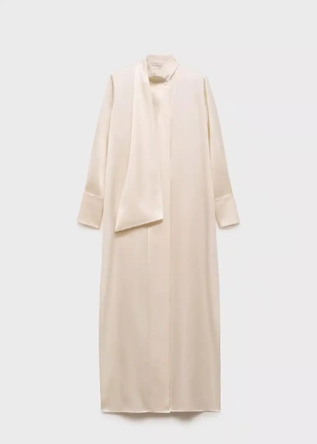 Beige Silk Dress With Cape Style And Bow Neck, , large image number 3