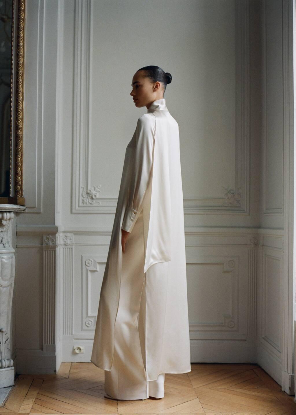 Beige Silk Dress With Cape Style And Bow Neck, , large image number 5