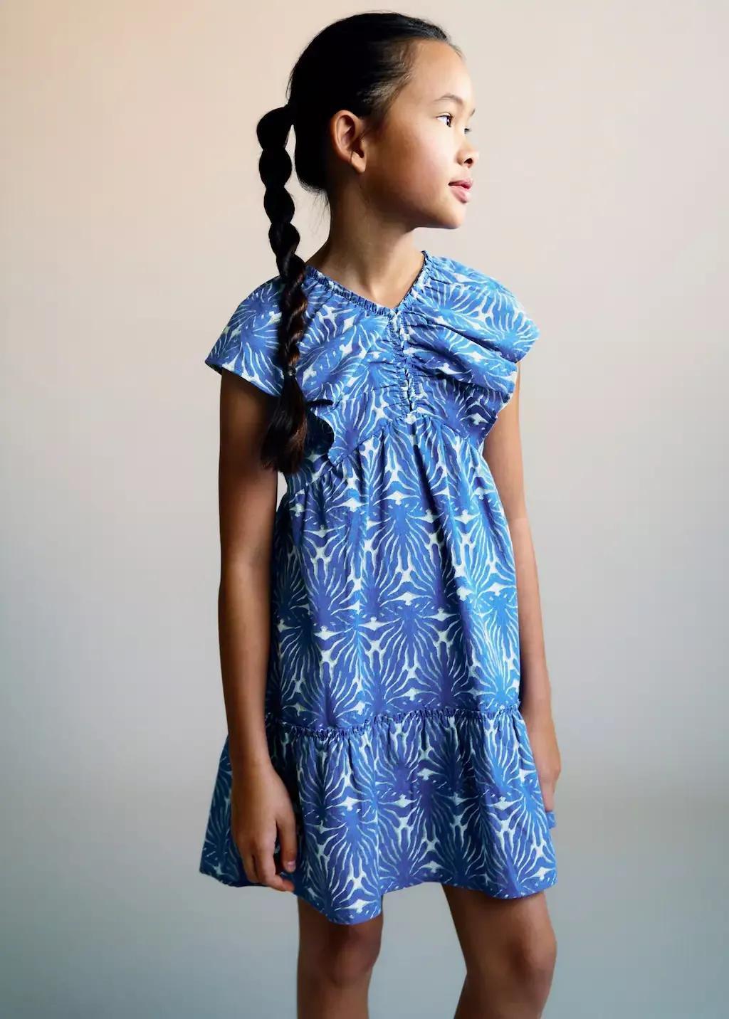 Blue Printed Dress Floral Ruffle, Kids Girls, , medium