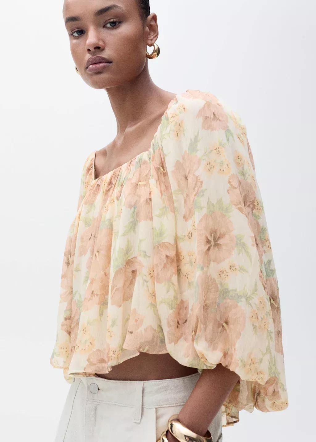 Beige Floral Cropped Blouse, , medium
