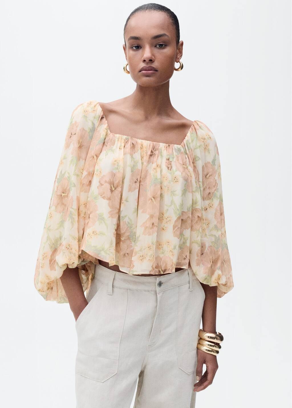 Beige Floral Cropped Blouse, , large image number 2