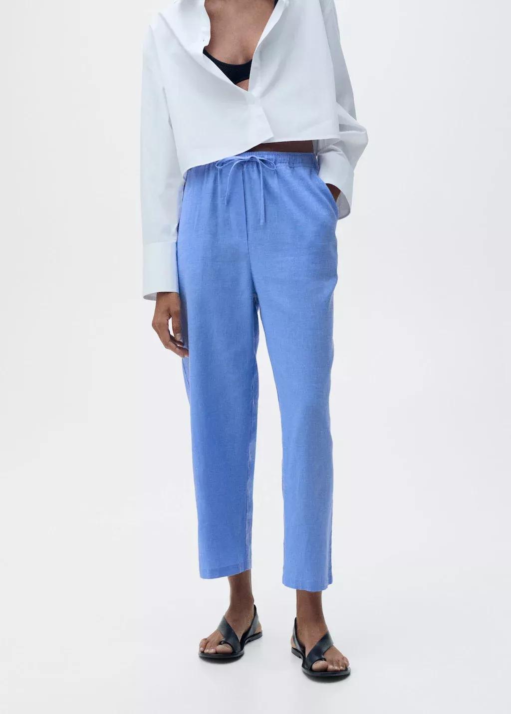 Blue Straight Linen-Blend Trousers, , large image number 0