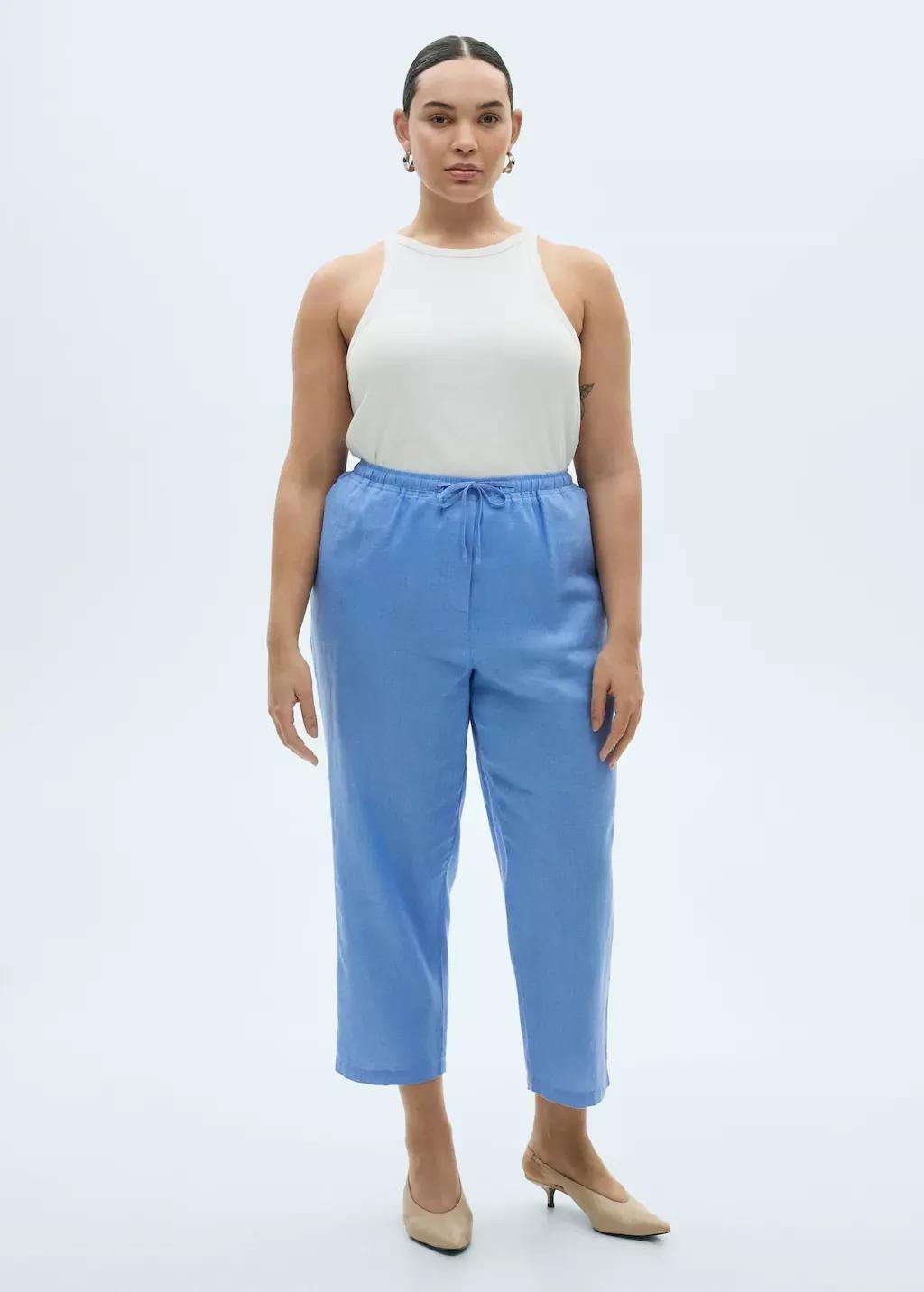Blue Straight Linen-Blend Trousers, , large image number 2
