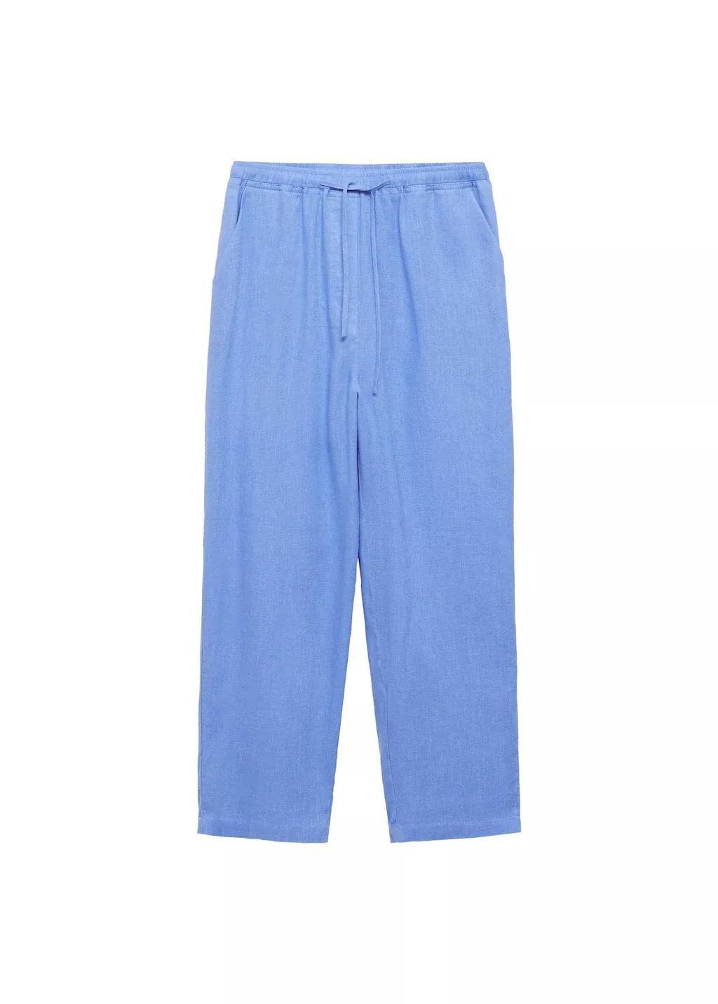 Blue Straight Linen-Blend Trousers, , large image number 3
