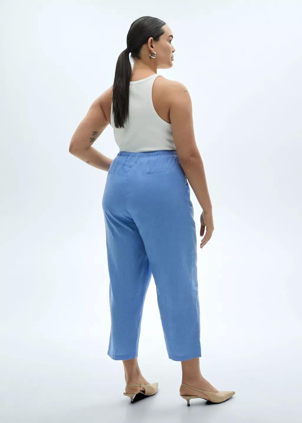 Blue Straight Linen-Blend Trousers, , large image number 4